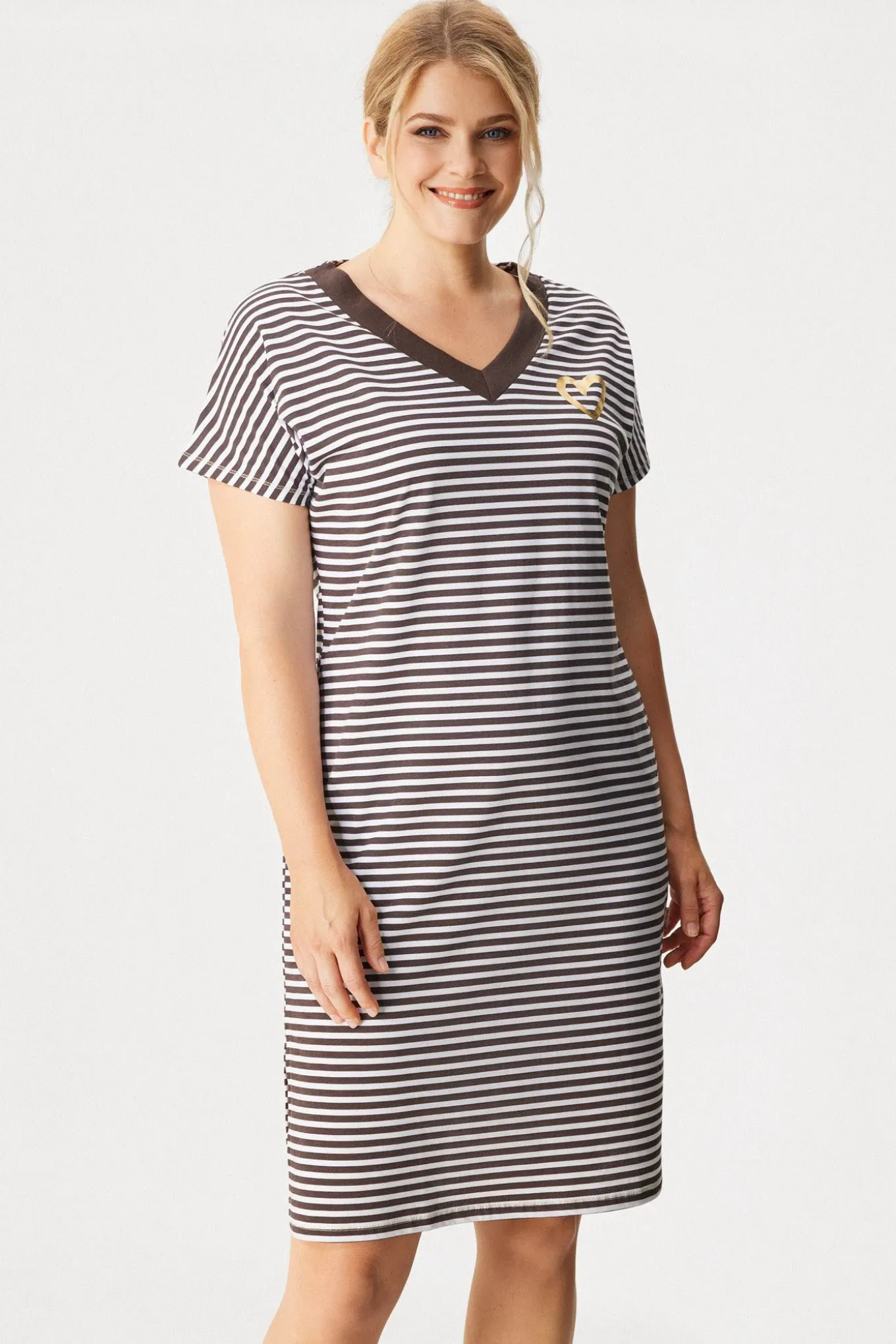 Bawełniana koszula nocna Flora Stripe plus size krótka