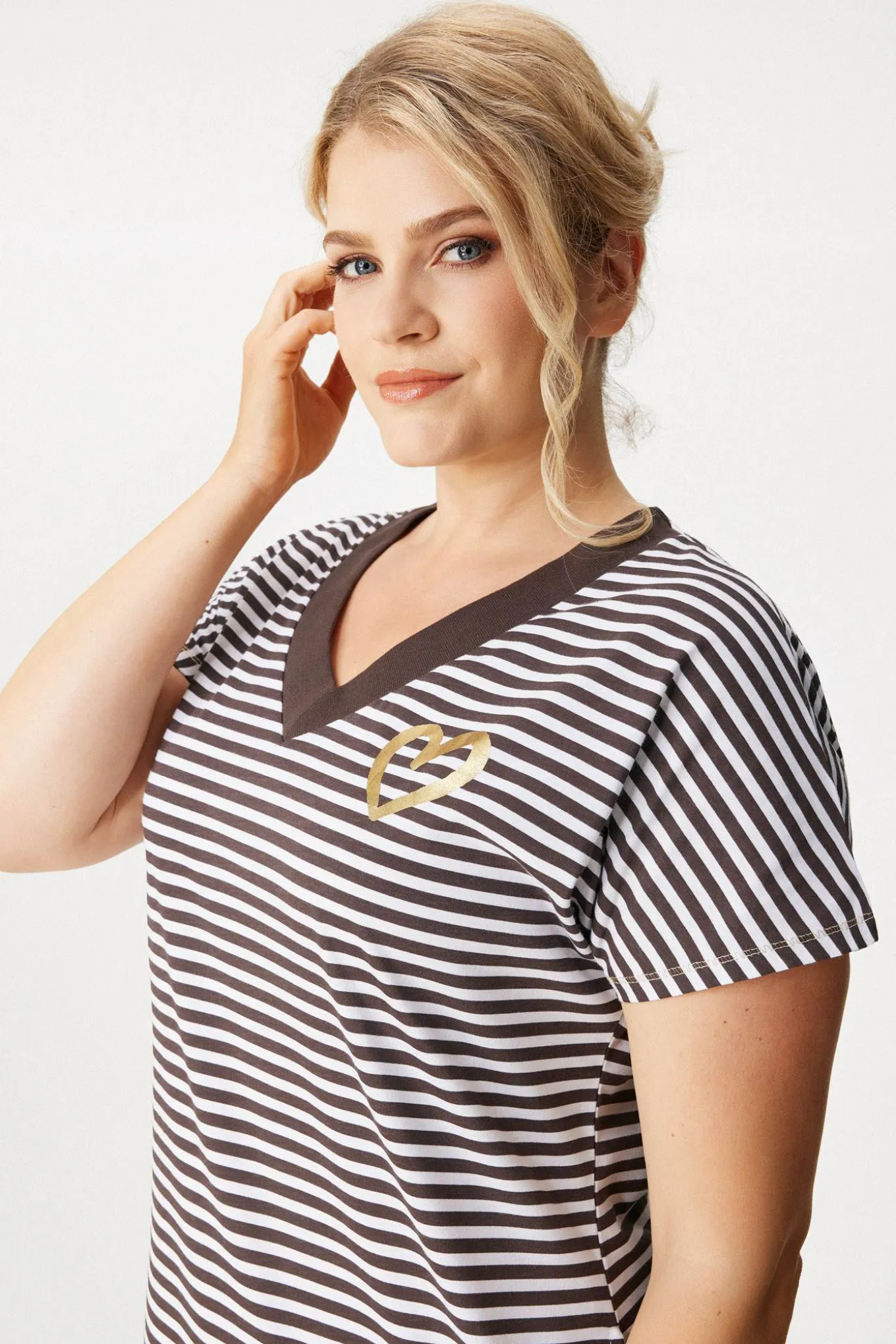 Bawełniana koszula nocna Flora Stripe plus size krótka